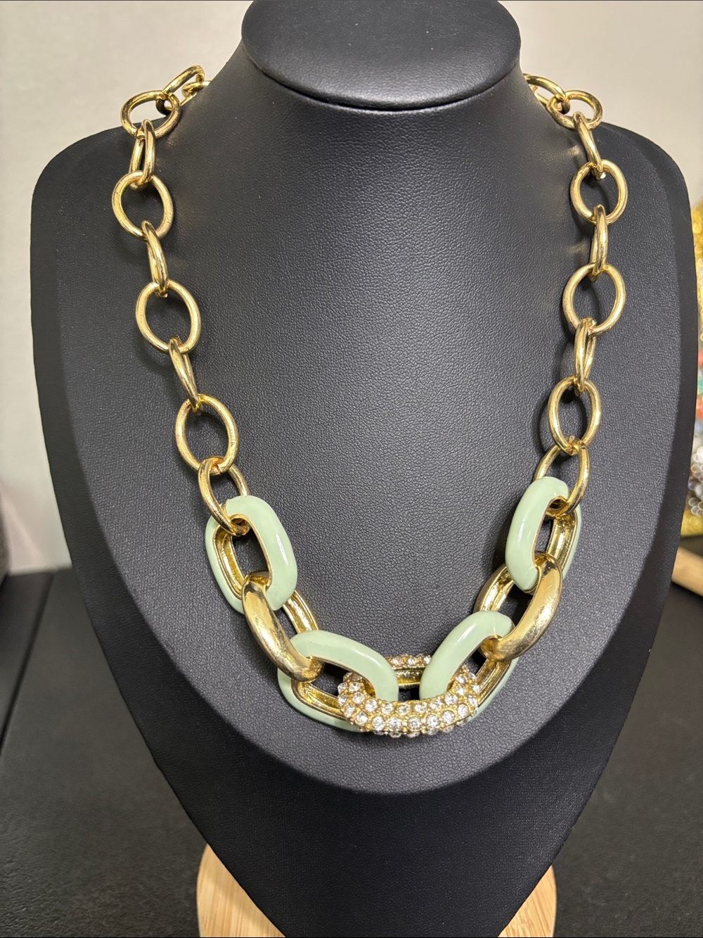 Chunky Gold Chain Necklace Mint Green Links Crystal Accent Statement Jewelry